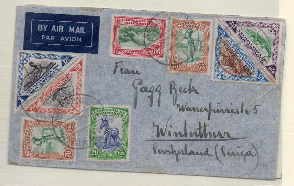 1340.jpg -     Lote:    1340            Companhia de Moçambique       Descrição:         1937 &mdash; Motivos locais. Sobrescrito circulado de Vila Pery (23.12.39) para Suiça com selos de 20c, 45c, 50c, 2x70c, 80c, 85c e 1$00. CE176, 179, 180, 182, 183, 184 e 185.        Carta       Valor Base:     &euro; 25,00     Valor Venda:     &euro; 25,00     