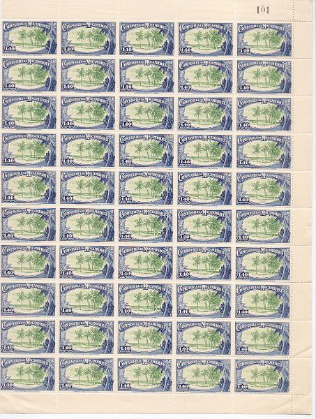 1341.jpg -     Lote:    1341            Companhia de Moçambique       Descrição:         1937 &mdash; Motivos locais. CE186, 1$40. Meia folha com 50 selos. Valor de catálogo &euro; 102,00.        ***       Valor Base:     &euro; 30,00     Valor Venda:     Retirado     