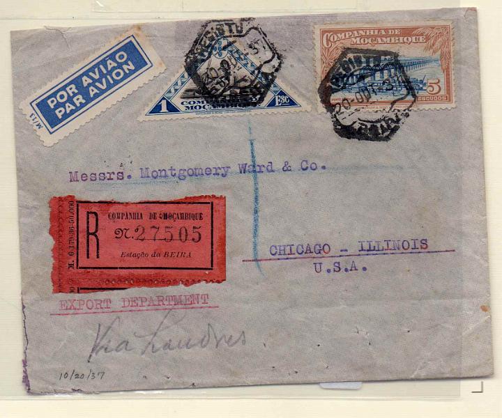 1342.jpg -     Lote:    1342            Companhia de Moçambique       Descrição:         1937 &mdash; Motivos locais. Sobrescrito circulado registado da Beira (20.10.37) para Chicago (02.11.37) com selos de 1$00 e 5$00 CE185 e 188.        Carta       Valor Base:     &euro; 25,00     Valor Venda:     Retirado     