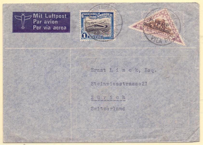 1343.jpg -     Lote:    1343            Companhia de Moçambique       Descrição:         1935/37 &mdash; Correio Aéreo * Inauguração (rectangulares) + Motivos diversos com sobrecarga da Segunda Visita Presidencial às Colónias. Sobrescrito circulado de Vila Pery (13.10.39) para a Suíça com selos de 1E CE CA21 e 2E CE197.        Carta       Valor Base:     &euro; 15,00     Valor Venda:     Retirado     