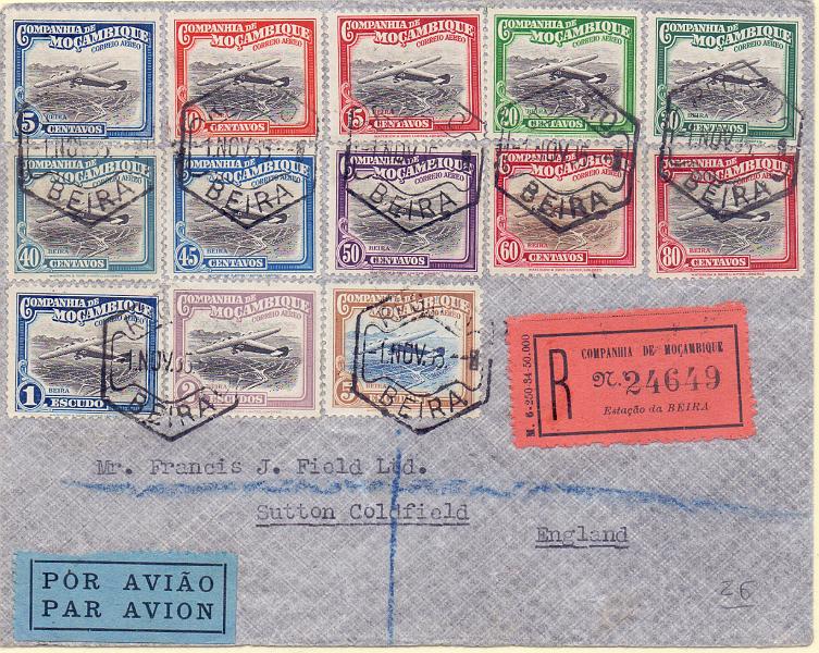 1344.jpg -     Lote:    1344            Companhia de Moçambique       Descrição:         1935 &mdash; Correio aéreo. Inauguração em tipo rectangular. Sobrescrito circulado registado por via aérea da Beira (01.11.35 &mdash; 1.º dia de circulação) para Londres (12.11.35) com trânsito por Salisbúria (02.11.35) com selos CE CA 1&frac12;3. Voado pela Rhodesian & Nyassaland Airways e Imperial Airways.        Carta       Valor Base:     &euro; 50,00     Valor Venda:     Retirado     