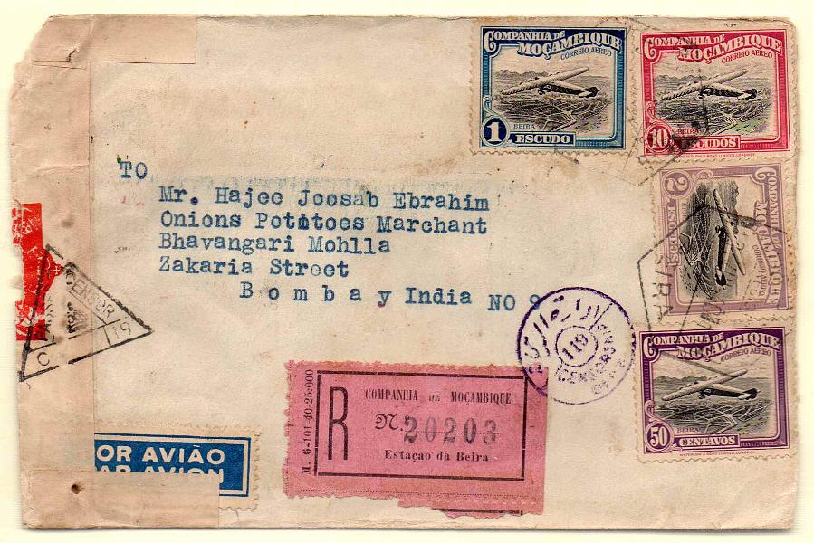1345.jpg -     Lote:    1345            Companhia de Moçambique       Descrição:         1935 &mdash; Correio aéreo. Inauguração do correio aéreo * tipo rectangular. Sobrescrito circulado registado por via aérea da Beira (18.07.40) para Bombaim (30.08.40) com selos de 50c, 1E, 2E e 10E CE CA18, 21, 22 e 24. Censurado no Egipto.        Carta       Valor Base:     &euro; 25,00     Valor Venda:     Retirado     