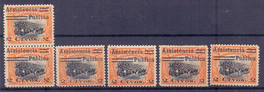 1346.jpg -     Lote:    1346            Companhia de Moçambique       Descrição:         1932 &mdash; Imposto postal. Motivos locais, com sobretaxa. CE IP1, 2c s/ &frac12; c laranja e preto. Lote com 4 selos e um par, com todas as variedades possíveis. Valor de catálogo &euro; 84,50.        ***/**       Valor Base:     &euro; 20,00     Valor Venda:     &euro; 20,00     