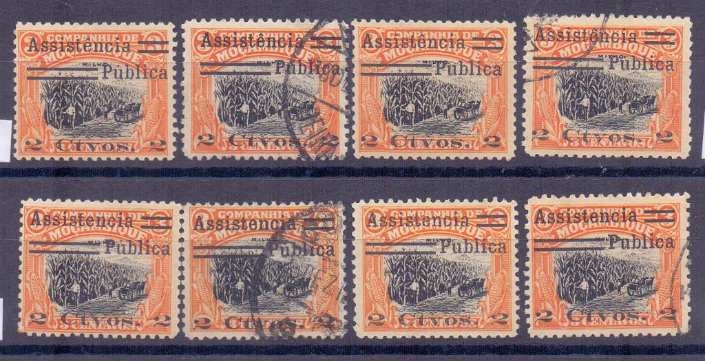 1347.jpg -     Lote:    1347            Companhia de Moçambique       Descrição:         1932 &mdash; Imposto Postal. Motivos locais, com sobretaxa. CE IP1, 2c s/ 3c laranja e preto. Estudo do selo em novo e usado com as quatro variedade: "ê" em vez de "e"; "ú" em vez de "u"; "ê" e "ú" em vez de "e" e "u"; e "e" e "u". Valor de catálogo &euro; 99,70.        ***/O       Valor Base:     &euro; 20,00     Valor Venda:     &euro; 30,00     