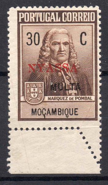 1357.jpg -     Lote:    1357            Companhia do Niassa       Descrição:         1925 &mdash; Imposto Postal Porteado * Monumento ao Marquês de Pombal, com sobrecargas MULTA e NYASSA. CE IP POR1, 30C castanho. Selo com erro no denteado. MR.         **       Valor Base:     &euro; 20,00     Valor Venda:     Retirado     