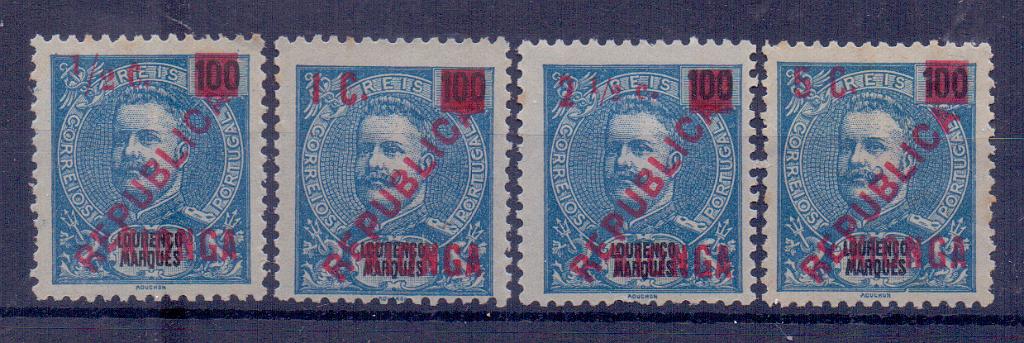1358.jpg -     Lote:    1358            Kionga       Descrição:         1916 &mdash; Selos de Lourenço Marques com sobrecarga KIONGA e sobretaxa. CE &frac14;. Série completa sem gola. Valor de catálogo &euro; 88,00.        *       Valor Base:     &euro; 12,00     Valor Venda:     &euro; 12,00     
