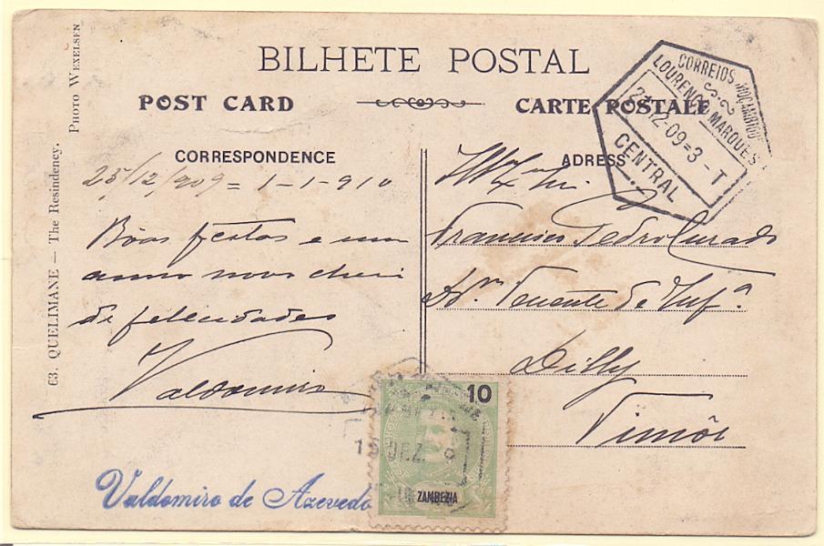 1365.jpg -     Lote:    1365            Zambézia       Descrição:         1898/1901 &mdash; D. Carlos I Mouchon. CE16, 10 reis em postal ilustrado circulado de Quelimane (15.12.09) para Dili / Timor com trânsito por L. Marques (21.12.09). Postal ilustrado da Secretaria Civil e Militar de Quelimane. B e R.        PI       Valor Base:     &euro; 20,00     Valor Venda:     Retirado     