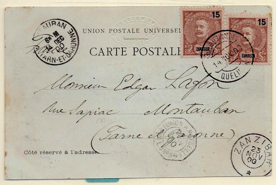 1366.jpg -     Lote:    1366            Zambézia       Descrição:         1898/1901 &mdash; D. Carlos I tipo Mouchon. Postal ilustrado circulado de Quelimane (14.11.00) para França (14.12.00) via Zanzibar (23.11.00), com dois selos de 15 reis castanho CE17. Carimbo octogonal "LA REUNION A MARSEILLE / L. N.º 3".        PI       Valor Base:     &euro; 50,00     Valor Venda:     Retirado     