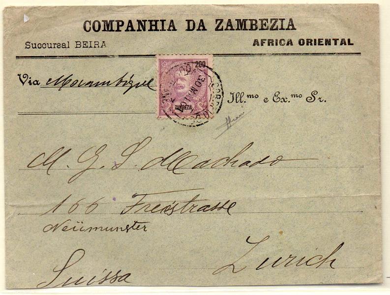 1367.jpg -     Lote:    1367            Zambézia       Descrição:         1898/1901 &mdash; D. Carlos I Mouchon. Sobrescrito circulado de Quelimane (30.05.01) para Zurique (06.07.01) com trânsito por Lisboa (02.11.01) com selo de 200 reis. CE25.        Carta       Valor Base:     &euro; 125,00     Valor Venda:     &euro; 240,00     
