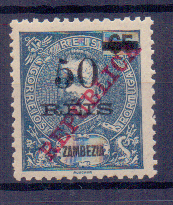 1369.jpg -     Lote:    1369            Zambézia       Descrição:         1915 &mdash; D. Carlos I Mouchon, com sobretaxa e sobrecarga REPUBLICA da Casa da Moeda. CE89, 50 s/ 65 reis. Selo com "5" com bandeira curta. Variedade não catalogada.         ***       Valor Base:     &euro; 20,00     Valor Venda:     &euro; 20,00     