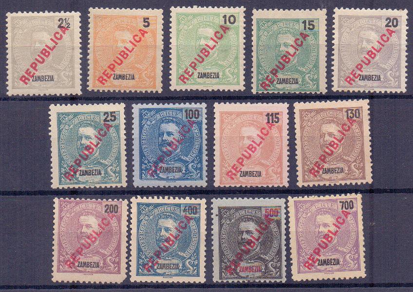1370.jpg -     Lote:    1370            Zambézia       Descrição:         1917 &mdash; D. Carlos I, com sobretaxa. CE90/102. Série completa. Valor de catálogo &euro; 150,00.        **/*       Valor Base:     &euro; 25,00     Valor Venda:     &euro; 38,00     