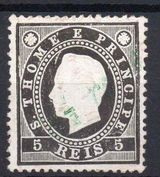 1374.jpg -     Lote:    1374            S. Tomé e Príncipe       Descrição:         1892 &mdash; D. Luís I. Fita direita. Com sobretaxa. CE27, 2 &frac12; reis s/ 5 reis preto. SOBRETAXA VERDE, tipo II, um pouco sumida. Valor de catálogo &euro; 250,00.        *       Valor Base:     &euro; 30,00     Valor Venda:     &euro; 32,00     