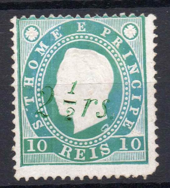 1376.jpg -     Lote:    1376            S. Tomé e Príncipe       Descrição:         1892 &mdash; D. Luís I. Fita direita. Com sobretaxa. CE28, 2 &frac12; reis s/ 10 reis verde. SOBRETAXA VERDE, tipo II. Selo com ligeira transparência e canto curto. Valor de catálogo &euro; 230,00.        *       Valor Base:     &euro; 20,00     Valor Venda:     &euro; 42,00     
