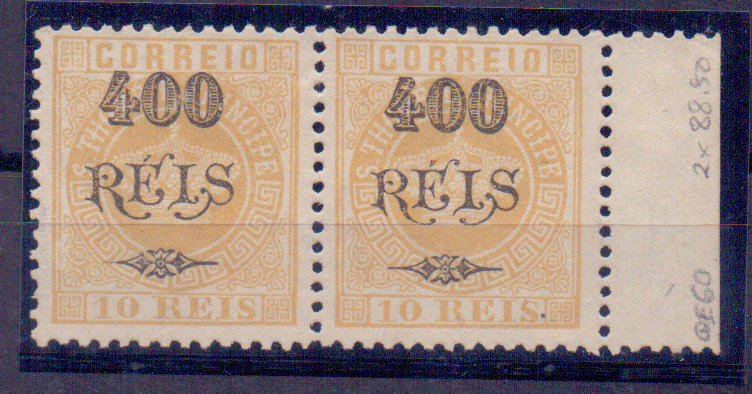 1378.jpg -     Lote:    1378            S. Tomé e Príncipe       Descrição:         1902 &mdash; Tipo Coroa, com sobretaxa. CE60, 400 s/ 10 reis. Par horizontal, bordo de folha. Valor de catálogo &euro; 244,00.        *       Valor Base:     &euro; 40,00     Valor Venda:     Retirado     