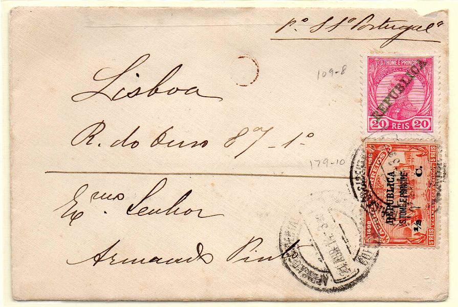 1380.jpg -     Lote:    1380            S. Tomé e Príncipe       Descrição:         1912/13 &mdash; D. Manuel II, com sobrecarga REPUBLICA + 4.º Centenário do descobrimento do caminho marítimo para a Índia, com sobrecargas e sobretaxa, sobre selos de África. Sobrescrito circulado de S. Tomé (21.04.14) para Lisboa, com selo de 20 reis CE114 e selo de &frac12; c s/ 5 reis CE176.        Carta       Valor Base:     &euro; 30,00     Valor Venda:     Retirado     