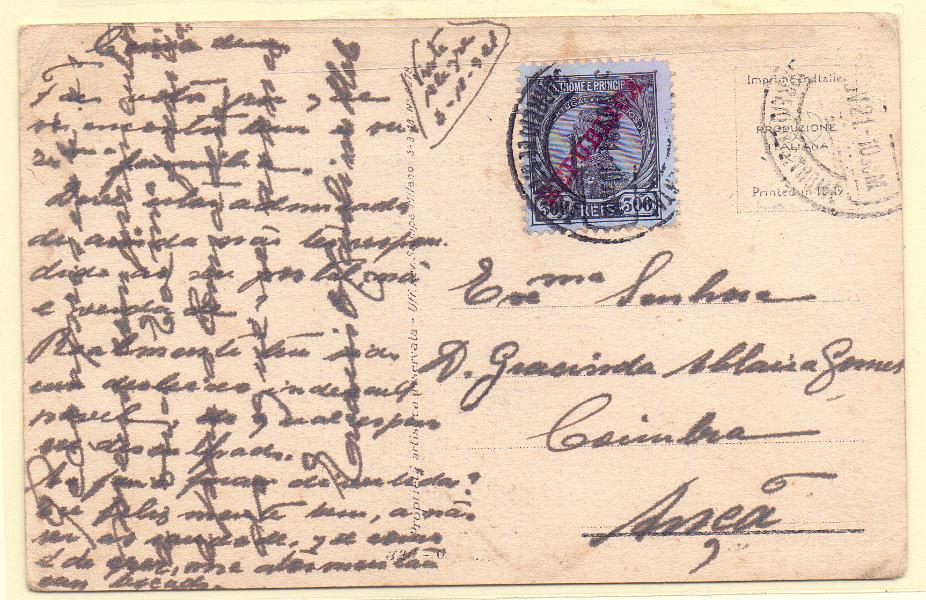 1381.jpg -     Lote:    1381            S. Tomé e Príncipe       Descrição:         1912 &mdash; D. Manuel II com sobrecarga REPUBLICA. CE120, 300 reis preto s/ azul em postal ilustrado circulado de S. Tomé (05.11.21) para Coimbra.        PI       Valor Base:     &euro; 12,00     Valor Venda:     Retirado     