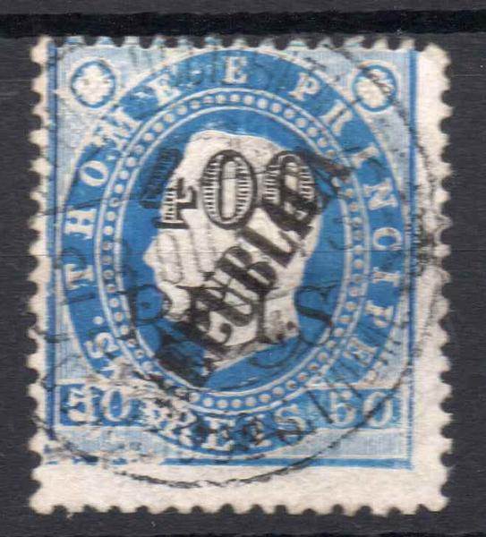 1384.jpg -     Lote:    1384            S. Tomé e Príncipe       Descrição:         1913 &mdash; D. Luís I com sobrecarga REPUBLICA tipografada localmente, sobre selos de 1902. CE130, 400 reis s/ 50 reis azul. Apresenta algumas transparências. Valor de catálogo &euro; 190,00.        O       Valor Base:     &euro; 19,00     Valor Venda:     &euro; 22,00     
