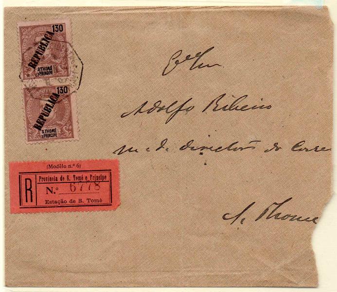 1385.jpg -     Lote:    1385            S. Tomé e Príncipe       Descrição:         1913 &mdash; D. Carlos I Mouchon. Selos de 1903, com sobrecarga REPUBLICA local tipografada. Sobrescrito circulado registado em S. Tomé (21.06.14) com  par de selos de 130 reis, CE143. B e R.        Carta       Valor Base:     &euro; 90,00     Valor Venda:     Retirado     