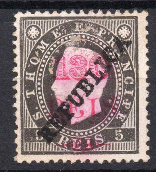 1387.jpg -     Lote:    1387            S. Tomé e Príncipe       Descrição:         1913 &mdash; D. Luís I com sobrecarga REPUBLICA zincogravada localmente, sobre selos de 1902. CE156, 130 s/ 5 reis, papel porcelana irregular, habitual nesta emissão, emitido sem goma. Valor de catálogo &euro;370,00.        *       Valor Base:     &euro; 70,00     Valor Venda:     &euro; 95,00     