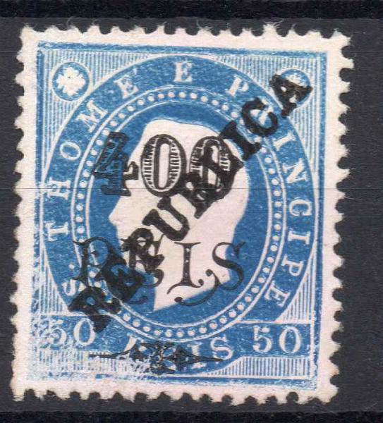 1388.jpg -     Lote:    1388            S. Tomé e Príncipe       Descrição:         1913 &mdash; D. Luís I com sobrecarga REPUBLICA zincogravada localmente, sobre selos de 1902. CE157, 400 s/ 50 reis, papel porcelana, denteado 12 &frac12;, emitido sem goma. Valor de catálogo &euro;170,00.        *       Valor Base:     &euro; 30,00     Valor Venda:     &euro; 42,00     