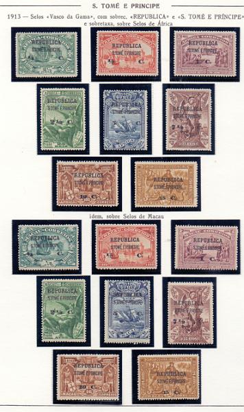 1389.jpg -     Lote:    1389            S. Tomé e Príncipe       Descrição:         1913 &mdash; 4.º Centenário do Descobrimento do Caminho Marítimo para a Índia, com sobrecarga REPUBLICA e sobretaxa. Lote composto pelas três séries de S. Tomé (África com charneira, Macau e Timor sem charneira) CE175/198 + série de Angola s/ selos de África sem charneira CE118/125. Valor de catálogo &euro; 168,00..         ***/**       Valor Base:     &euro; 35,00     Valor Venda:     &euro; 36,00     