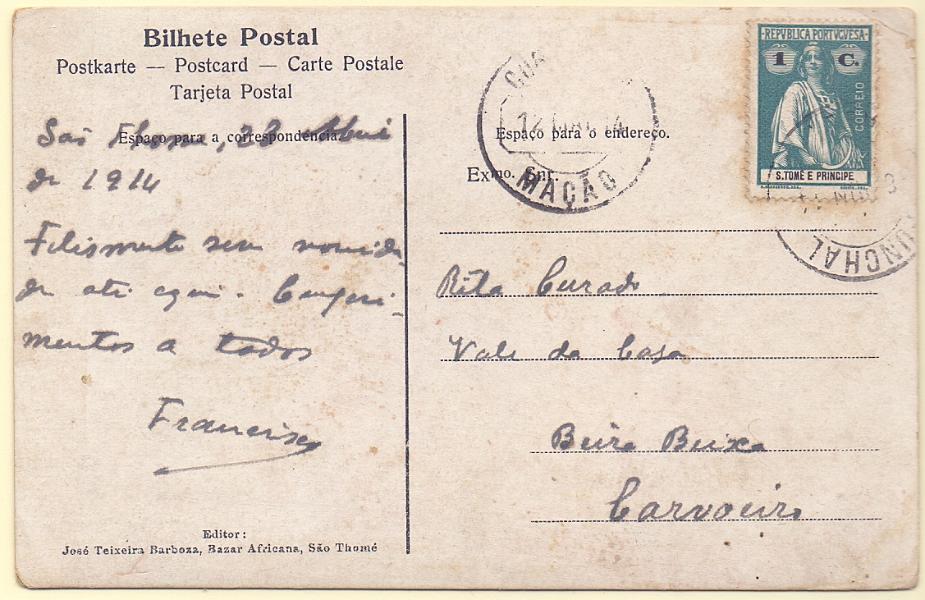 1390.jpg -     Lote:    1390            S. Tomé e Príncipe       Descrição:         1914 &mdash; Ceres. CE201, 1C verde, papel porcelana, denteado 15x14 em postal ilustrado lançado a bordo de paquete e obliterado no primeiro porto de escala FUNCHAL (06.05.14) para Mação (12.05.14). Primeiro mês de circulação dos selos Ceres. B e R.        PI       Valor Base:     &euro; 20,00     Valor Venda:     Retirado     
