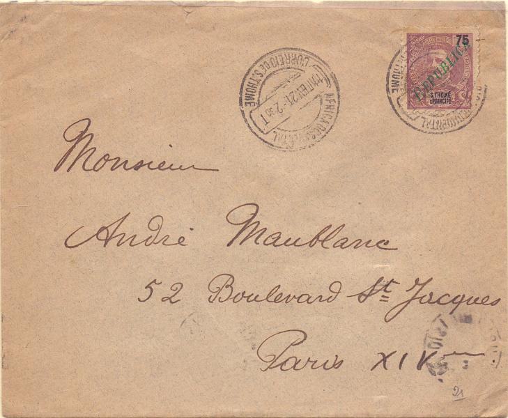 1392.jpg -     Lote:    1392            S. Tomé e Príncipe       Descrição:         1920 &mdash; D. Carlos I Mouchon, com sobrecarga REPUBLICA local. CE235, 75 reis em sobrescrito circulado de S. Tomé (11.02.21) para Paris. MB.        Carta       Valor Base:     &euro; 75,00     Valor Venda:     &euro; 120,00     