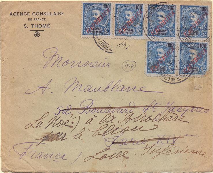 1393.jpg -     Lote:    1393            S. Tomé e Príncipe       Descrição:         1920 &mdash; D. Carlos I Mouchon, com sobrecarga REPUBLICA local. CE236, 100 reis. Bloco com seis selos em sobrescrito circulado de S. Tomé (15.08.21) para Paris e reexpedido para Loire (23.08.21). MB.        Carta       Valor Base:     &euro; 200,00     Valor Venda:     &euro; 300,00     