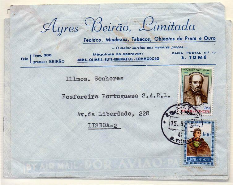 1395.jpg -     Lote:    1395            S. Tomé e Príncipe       Descrição:         1952/74 &mdash; Navegadores CE356 + Centenário da Reforma Administrativa CE395 + Acordo de Argel AR1. Lote com três sobrescritos do período pós independência com utilização provisória de selos coloniais e selos da independência.        Carta       Valor Base:     &euro; 8,00     Valor Venda:     &euro; 10,00     