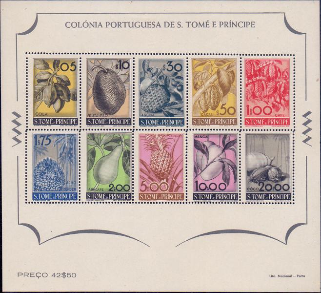 1396.jpg -     Lote:    1396            S. Tomé e Príncipe       Descrição:         1948 &mdash; Frutos de S. Tomé e Príncipe. CE BLC1. Bloco sem charneira (peça luxo). Valor de catálogo &euro; 500,00.        BLC***       Valor Base:     &euro; 100,00     Valor Venda:     &euro; 180,00     