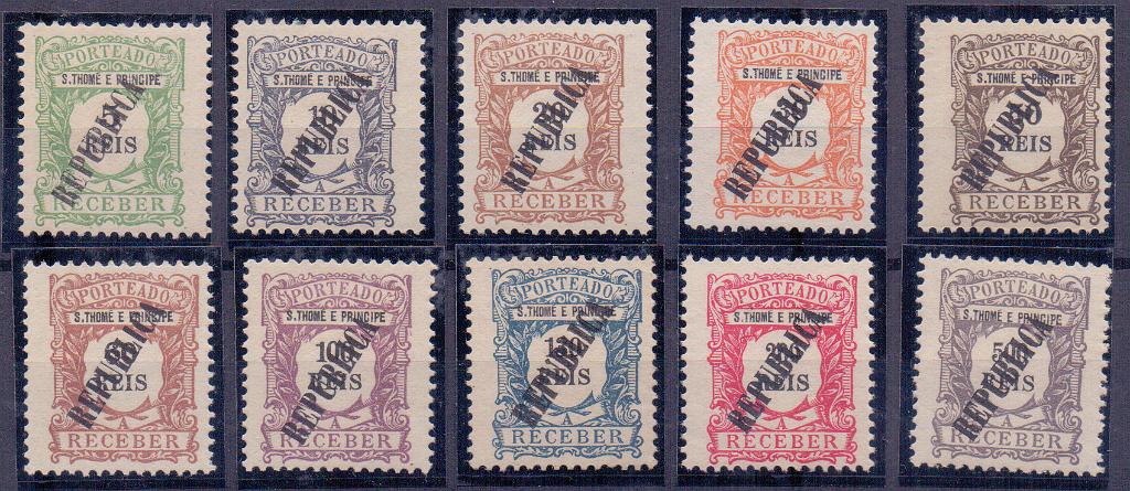 1398.jpg -     Lote:    1398            S. Tomé e Príncipe       Descrição:         1913 &mdash; Emissão regular. Valor em reis. Sobrecarga REPUBLICA tipografada localmente. CE POR 21/30. Série completa com goma excepto selo de 30 reis. Valor de catálogo &euro; 260,00.        **/*       Valor Base:     &euro; 50,00     Valor Venda:     &euro; 160,00     