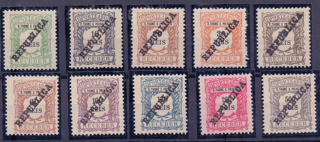 1399.jpg -     Lote:    1399            S. Tomé e Príncipe       Descrição:         1913 &mdash; Emissão regular. Valor em reis. Sobrecarga REPUBLICA zincogravada localmente. CE POR 3&frac14;0. Série completa com selos de 5, 10 e 50 reis com goma e restantes sem goma como emitidos. Valor de catálogo &euro; 115,00.        **/*       Valor Base:     &euro; 20,00     Valor Venda:     &euro; 75,00     