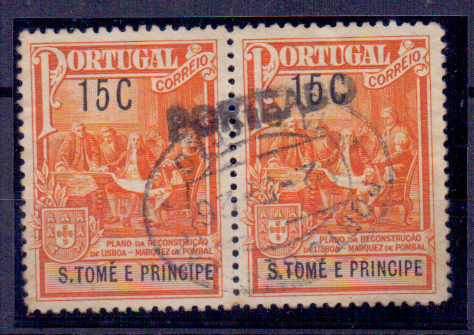 1400.jpg -     Lote:    1400            S. Tomé e Príncipe       Descrição:         1925 &mdash; Monumento ao Marquês de Pombal. Selos de recurso. CE IP2, 15C laranja. Par obliterado com marca nominal "PORTEADO" e utilizado como selo de recurso do porteado no Porto.        O       Valor Base:     &euro; 6,00     Valor Venda:     &euro; 6,00     