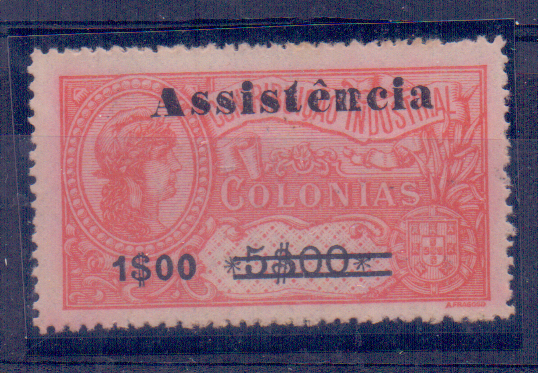 1401.jpg -     Lote:    1401            S. Tomé e Príncipe       Descrição:         1946 &mdash; ASSISTÊNCIA. Selos fiscais de África, com sobretaxa. CE IP7, 1$00 s$ 5$00 carmim, tipo I com acento. Valor de catálogo &euro; 70,00.        *       Valor Base:     &euro; 10,00     Valor Venda:     &euro; 10,00     