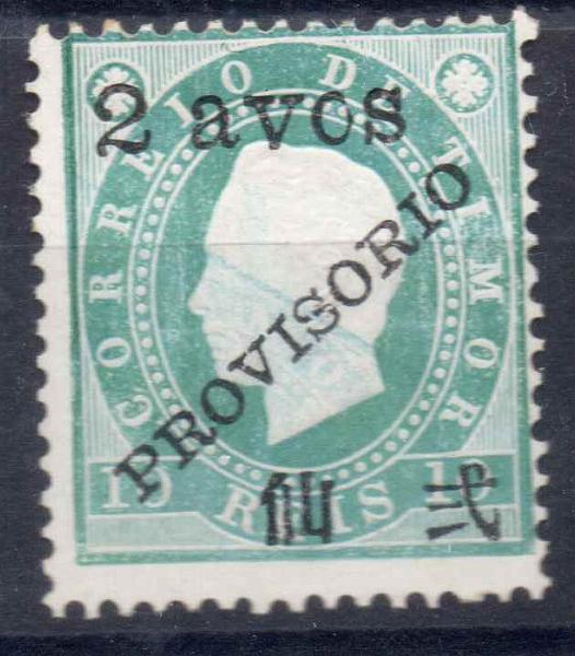 1403.jpg -     Lote:    1403            Timor       Descrição:         1894 &mdash; D. Luís I, com sobrecarga PROVISORIO e sobretaxa. CE40, 2 avos s/ 10 reis. Selo com REPINTE INCLINADO. Certificado peritagem de J. Miranda da Mota.        *       Valor Base:     &euro; 25,00     Valor Venda:     Retirado     