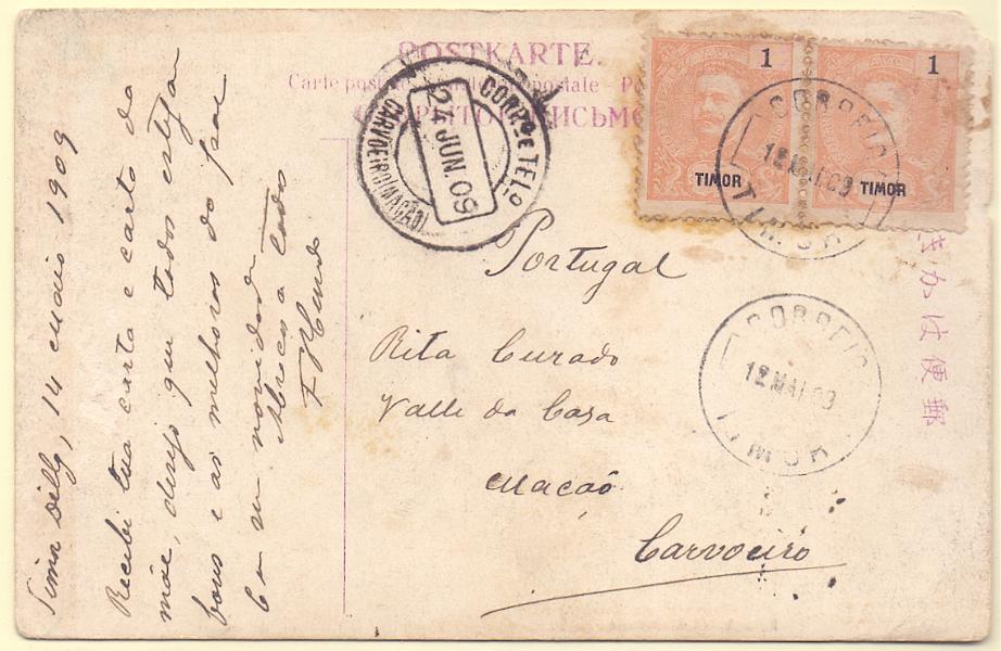 1406.jpg -     Lote:    1406            Timor       Descrição:         1898/1900 &mdash; D. Carlos I Mouchon. CE59, 1 avo, laranja. Par em postal ilustrado circulado de Dili (12.05.09) para Carvoeiro (24.06.09).         PI       Valor Base:     &euro; 15,00     Valor Venda:     Retirado     