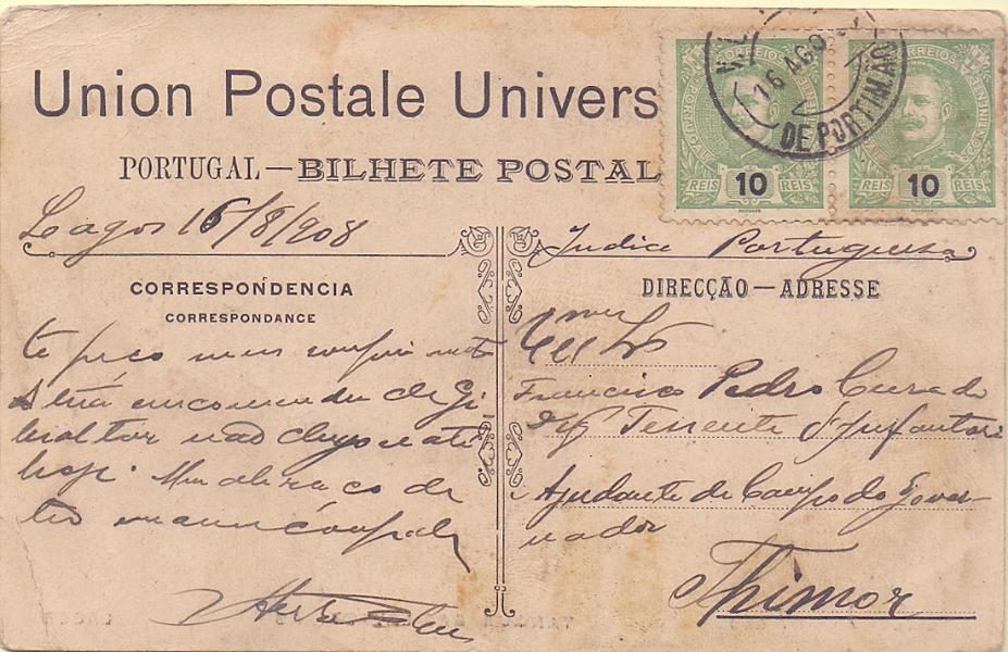1408.jpg -     Lote:    1408            Timor       Descrição:         Timor. Incoming Mail. Postal ilustrado remetido de V. N. de Portimão (16.08.08) para Dili com par de selos de 10 reis CE128.        PI       Valor Base:     &euro; 15,00     Valor Venda:     Retirado     