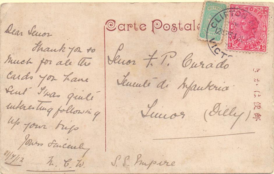 1409.jpg -     Lote:    1409            Timor       Descrição:         Timor. Incoming Mail. Postal ilustrado circulado de Victoria (12.05.13) para Dili. Raro.        PI       Valor Base:     &euro; 15,00     Valor Venda:     Retirado     