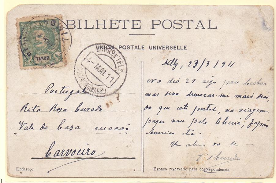 1415.jpg -     Lote:    1415            Timor       Descrição:         1903 &mdash; D. Carlos I Mouchon CE99, 3 avos em postal ilustrado circulado de Timor (23.03.11) para Carvoeiro / Mação (01.05.11).        PI       Valor Base:     &euro; 10,00     Valor Venda:     Retirado     