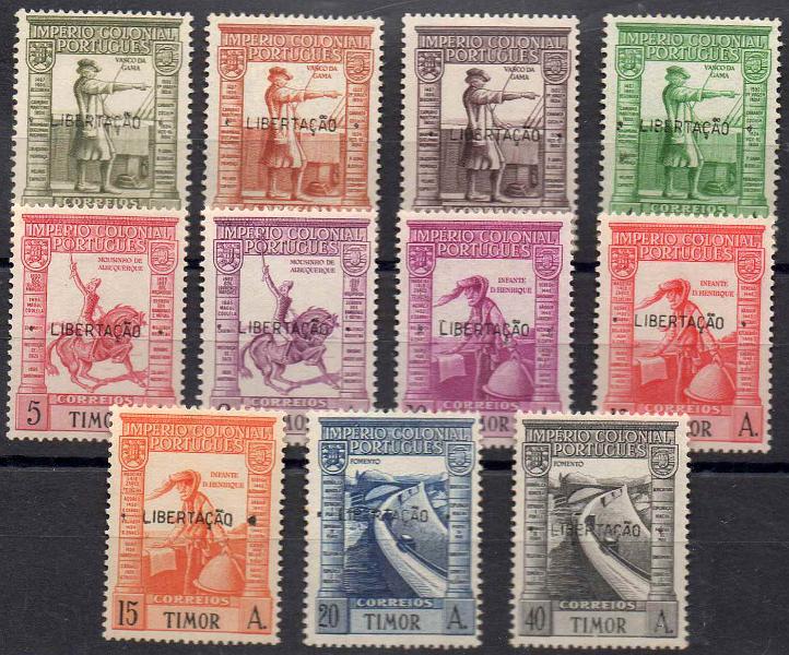 1417.jpg -     Lote:    1417            Timor       Descrição:         1947 &mdash; Império Colonial Português, com sobrecarga "LIBERTAÇÃO". CE250/260. Sériecompleta. MB e MR. Valor de catálogo &euro; 350.00.        **       Valor Base:     &euro; 100,00     Valor Venda:     &euro; 100,00     