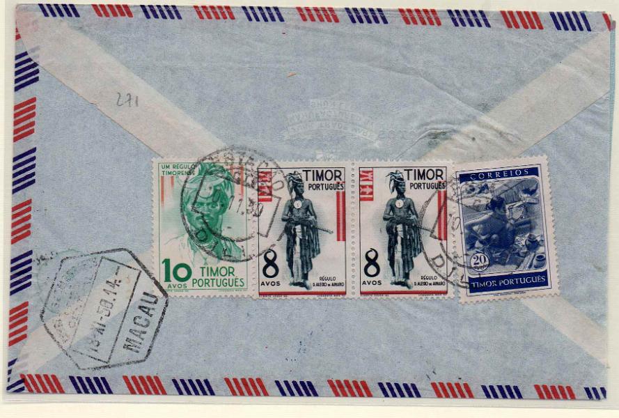 1418.jpg -     Lote:    1418            Timor       Descrição:         1948/50 &mdash; Tipos Indígenas. Sobrescrito circulado de Dili (10.11.50) para Macau (18.11.50) com selos de 8 avos (par), 10 e 20 avos CE264, 265 e 271.        Carta       Valor Base:     &euro; 45,00     Valor Venda:     Retirado     