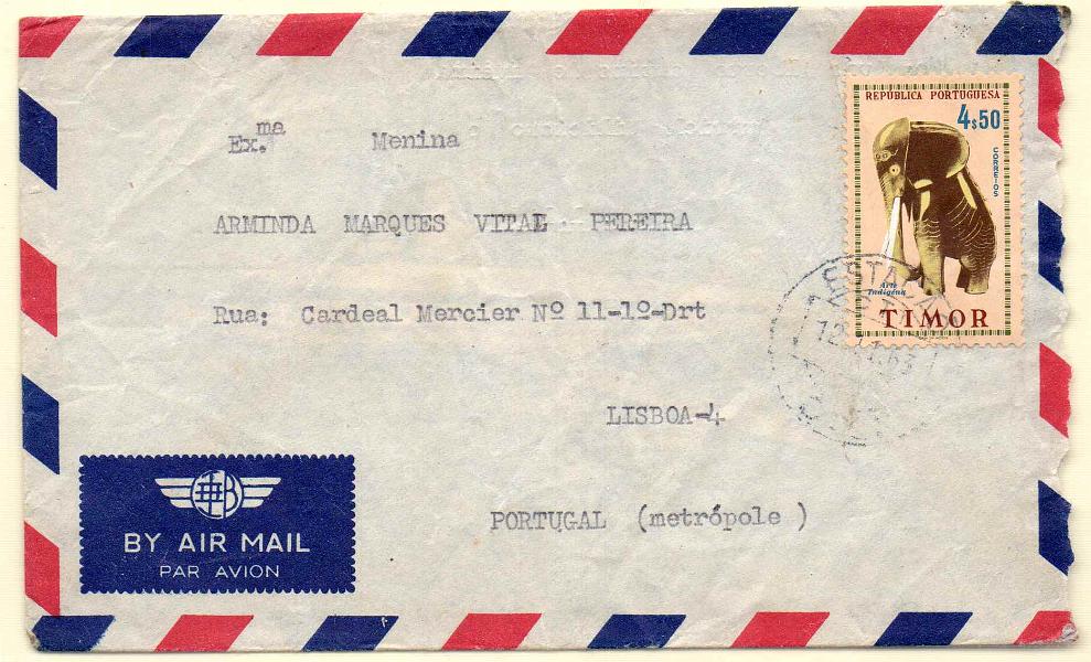 1419.jpg -     Lote:    1419            Timor       Descrição:         1961 &mdash; Arte Indígena. CE323, 4$50 em sobrescrito circulado de Dili (12.11.63) para Lisboa.        Carta       Valor Base:     &euro; 12,00     Valor Venda:     Retirado     