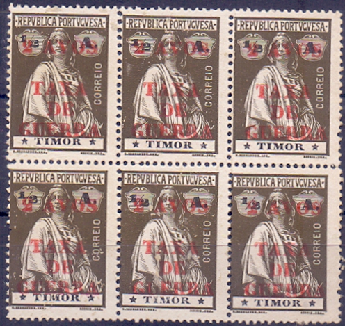 1421.jpg -     Lote:    1421            Timor       Descrição:         1919 &mdash; Ceres, com sobretaxa "2 avos / TAXA DE GUERRA". CE IP1, 2 avos s/ &frac12; avo sépia. Bloco com 6 selos. Valor de catálogo &euro; 120,00.        *       Valor Base:     &euro; 15,00     Valor Venda:     Retirado     