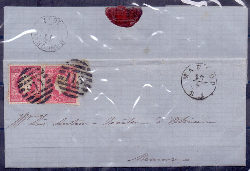 1427.jpg -     Lote:    1427            Portugal       Descrição:         Carimbo numéricos da 2.ª reforma. 1870/76 &mdash; D. Luís I. Fita direita. CE40, 25 reis (par) em carta remetida da Macedo de Cavaleiros (17.09.71) para o Moncorvo (17.09.71). Carimbo numérico "113" e circulares a preto de "MACEDO" e "MONCORVO".        Carta       Valor Base:     &euro; 10,00     Valor Venda:     &euro; 24,00     