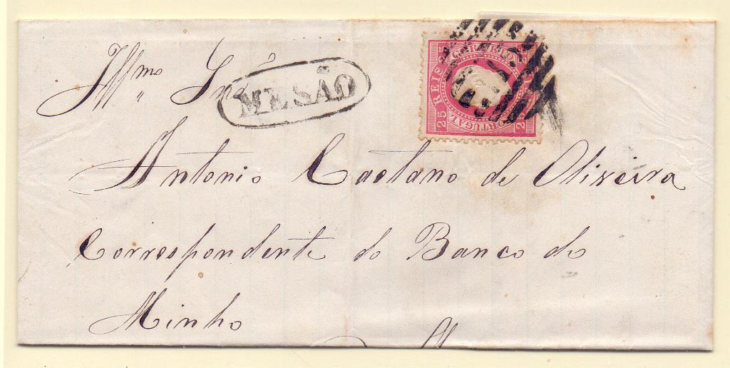 1428.jpg -     Lote:    1428            Portugal       Descrição:         Carimbo numéricos da 2.ª reforma. 1870/76 &mdash; D. Luís I. Fita direita. CE40, 25 reis em carta remetida da Mesão (05.06.1875) para Moncorvo. Carimbo numérico "115" e nominativo a preto de "MESÃO"..        Carta       Valor Base:     &euro; 10,00     Valor Venda:     &euro; 12,00     