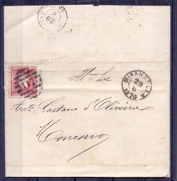 1429.jpg -     Lote:    1429            Portugal       Descrição:         Carimbo numéricos da 2.ª reforma. 1870/76 &mdash; D. Luís I. Fita direita. CE40, 25 reis em carta remetida De Mirandela (29.06.70)) para o Moncorvo. Carimbo numérico "117" e circular a preto de "MIRANDELA" e "MONCORVO".        Carta       Valor Base:     &euro; 10,00     Valor Venda:     &euro; 18,00     