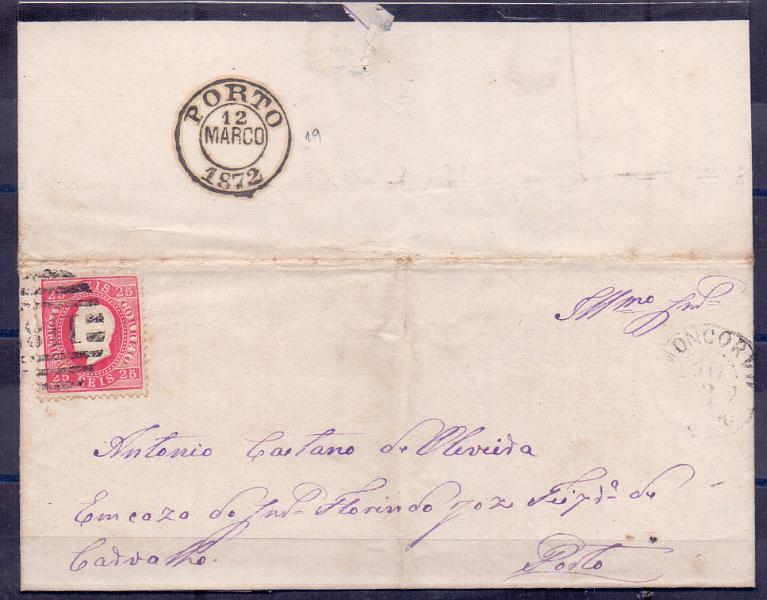 1430.jpg -     Lote:    1430            Portugal       Descrição:         Carimbo numéricos da 2.ª reforma. 1870/76 &mdash; D. Luís I. Fita direita. CE40, 25 reis em carta remetida de Moncorvo para o Porto (12.03.72). Carimbo numérico "118" e circular a preto de "MONCORVO"..        Carta       Valor Base:     &euro; 10,00     Valor Venda:     Retirado     