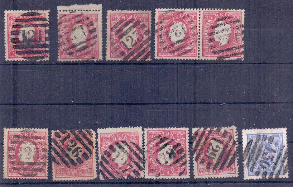 1431.jpg -     Lote:    1431            Portugal       Descrição:         Carimbo numéricos da 2.ª reforma. Lote composto por 9 selos e um par, desde D. Luís I, fita curva denteados até D. Luís I, com carimbos numéricos "121, 122, 123, 124, 125, 126, 127, 128, 129 e 130". Muito raro o carimbo 127". Bom lote.        Lote       Valor Base:     &euro; 10,00     Valor Venda:     &euro; 130,00     