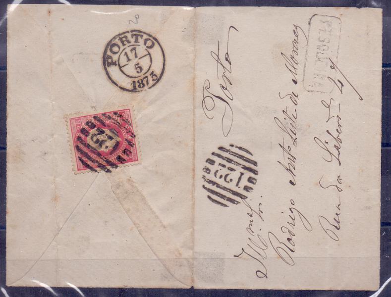 1433.jpg -     Lote:    1433            Portugal       Descrição:         Carimbo numéricos da 2.ª reforma. 1870/76 &mdash; D. Luís I. Fita direita. CE40, 25 reis em carta remetida da Pesqueira para o Porto (17.05.73). Carimbo numérico "122" e nominativo a preto de "PESQUEIRA"..        Carta       Valor Base:     &euro; 10,00     Valor Venda:     Retirado     