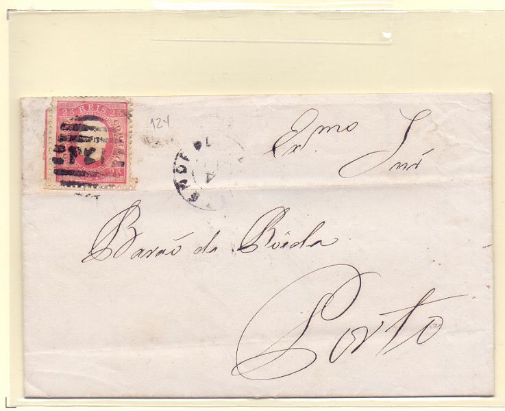 1434.jpg -     Lote:    1434            Portugal       Descrição:         Carimbo numéricos da 2.ª reforma. 1870/76 &mdash; D. Luís I. Fita direita. CE40, 25 reis em carta remetida de Provezende (04.11.74) para o Porto. Carimbo numérico "124" e circular de PROVRZENDE.        Carta       Valor Base:     &euro; 10,00     Valor Venda:     Retirado     